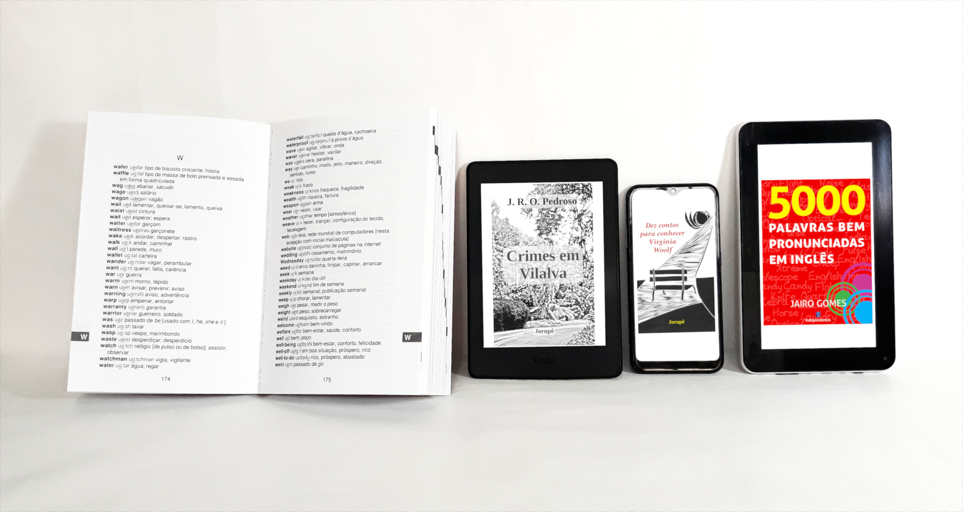 Livro, leitor de e-book, celular e tablet exibindo publicações da Jorupê.