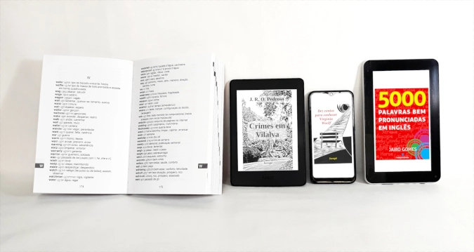 Livro, leitor de e-book, celular e tablet exibindo publicações da Jorupê.